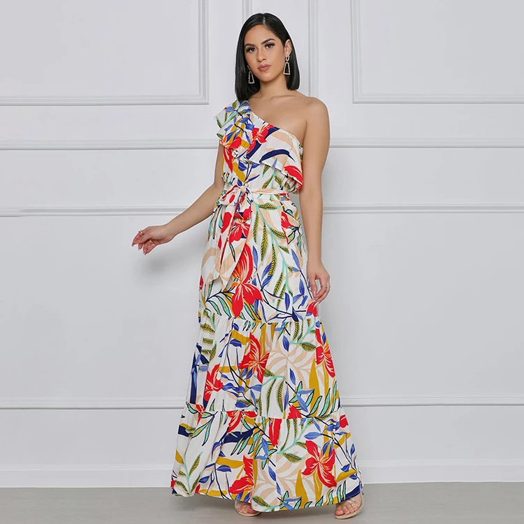 

Colorful Print Womans Long Dresses Sleeveless Inclined Shoulder Floral Ruffle High Quality Maxi Dress, Red