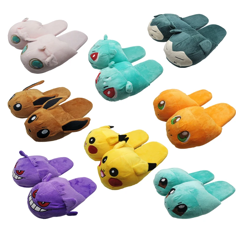 

2022 New Cute Plush Pokemon Bedroom Slippers Pikachu Snorlax Eevee Gengar Squirtle Charmander home interior cotton slippers
