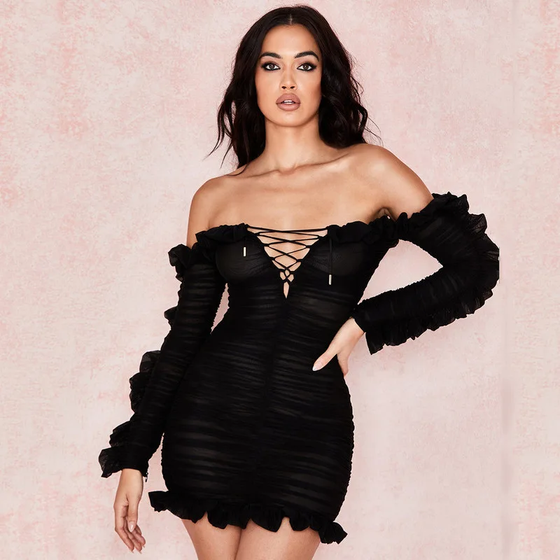 

Mesh deep V tube top ruffled tight-fitting dress lace-up Hollow Out long-sleeved off-shoulder mini dress