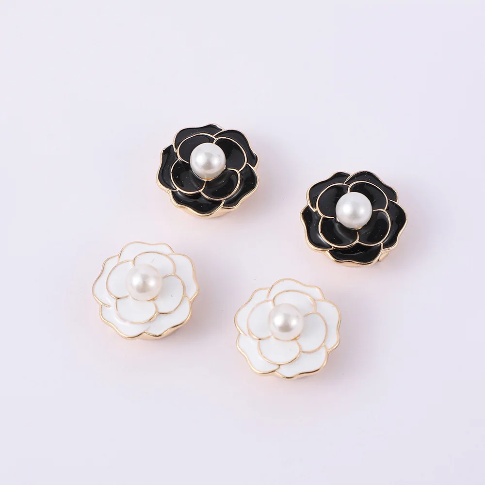 JFRB055 Rose Blackl/White Enamel Button Cover Accessories No Sew Detachable Pearl Flower Clip Over Button Jewel for Shirts Dress