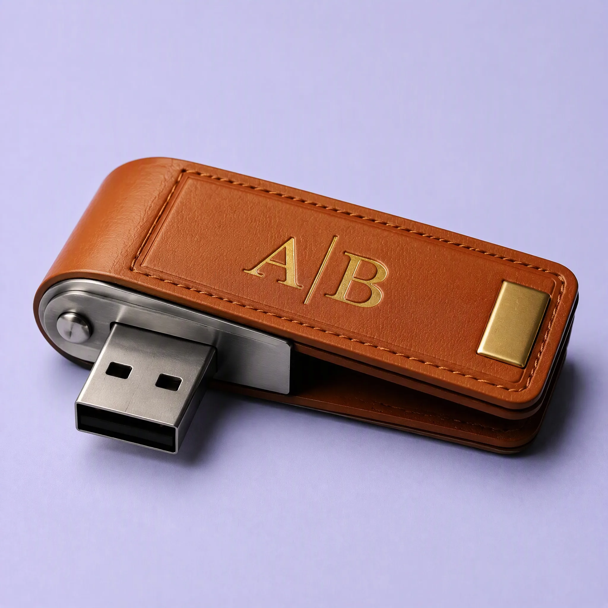 High-Angle Detailed View of Cognac Leather Swivel Drive Showing Smooth Rotating Metal Core and USB Interface