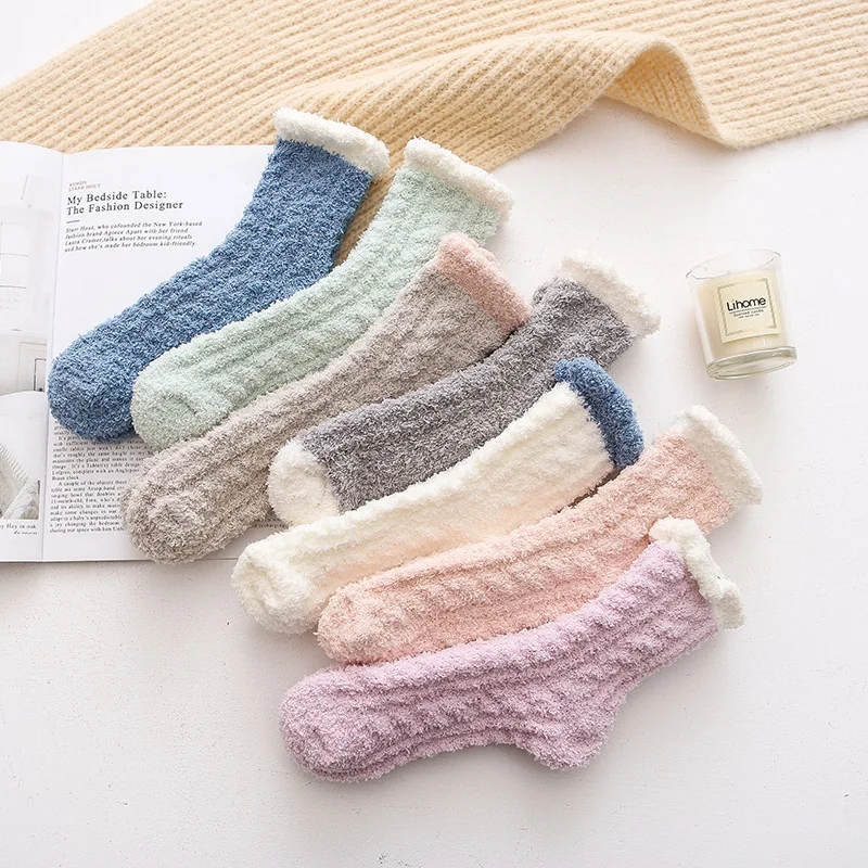 

JULY'S SONG Women Cozy Coral Velvet Socks Candy Color Warm Sleep Socks Japanese Ladies Home Floor Fluffy Socks, White, grey, blue, khaki, green, light orange, purple