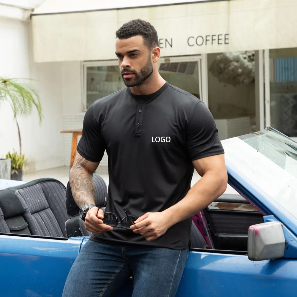 Casual Summer Breathable Blank t Shirt 145 Gsm Button up Henley T-shirt Men