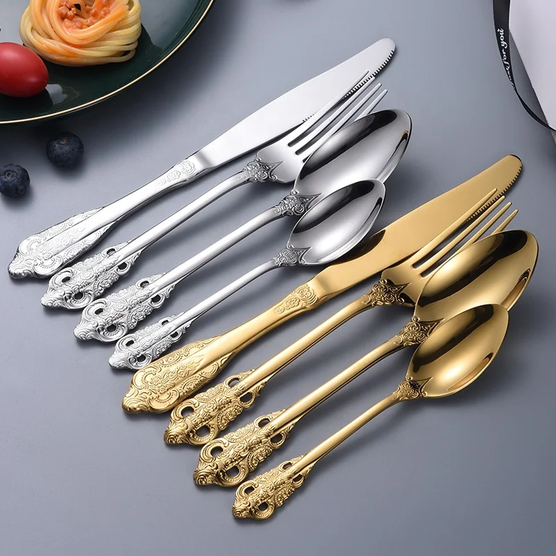 

Royal Gold plated cutlery flatware sets Knife Steak Knife Dessert Fork Spoon 4-piece Gift Box Set golden cutlery set