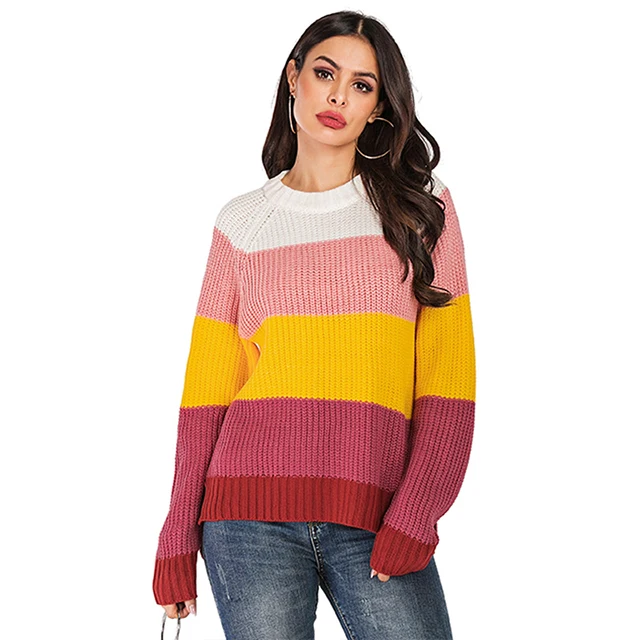 

Custom Loose Female Contrast Color Jumper Crew Neck Knitwear Ladies Knitting Long Sleeve Women Sweater, Customized color