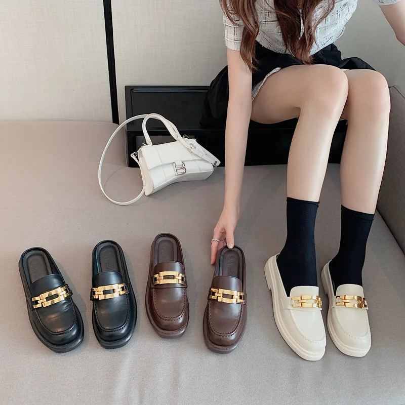 

113057 Spring 2021 new thick soled British leather shoes shoes comfortable semi-drag single shoes slippers loafers