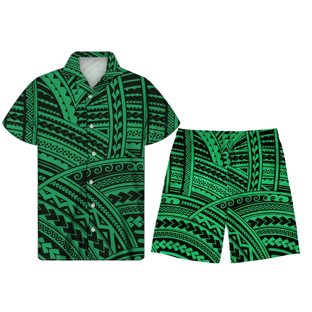 

Hawaii Tribal Samoa Green Pattern Men Short Set Short Sets Men Wear Summer Short Sleeve Shirt and Beach Pants Suits Set for Men, Customized color
