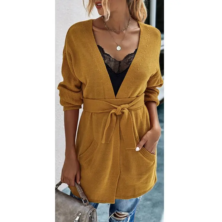 

2019 Fashion Wear Block Colors Long Cardigans With Belt Knitted Sweater