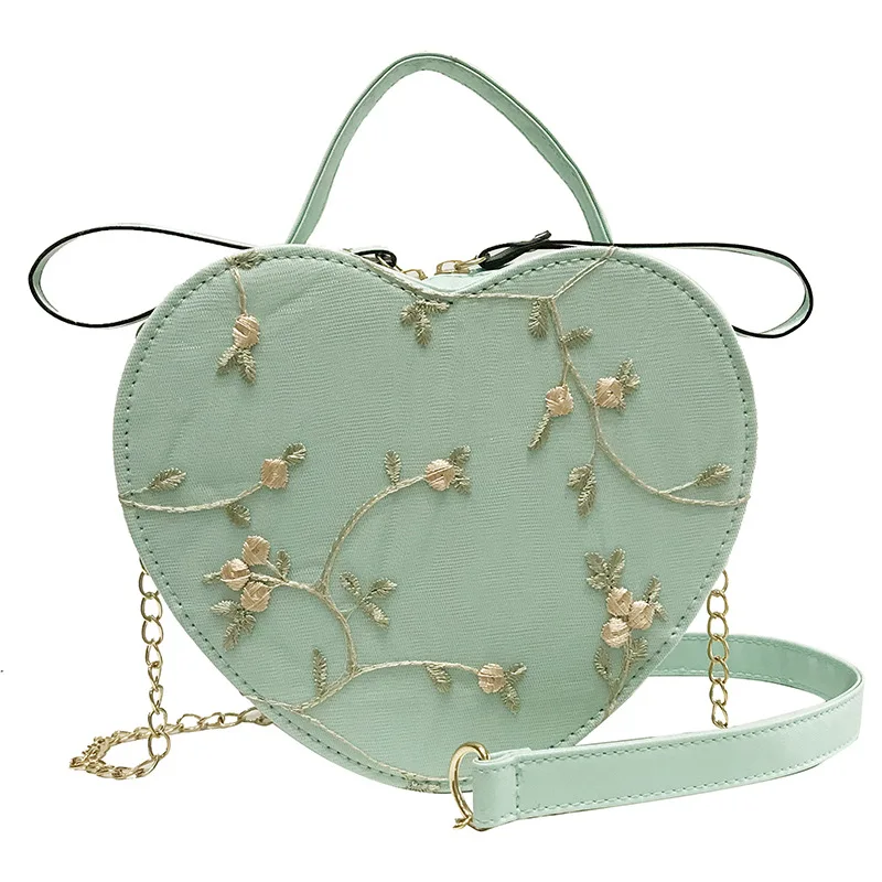 

hot selling sweet love heart shape flower embroidery girls one shoulder bag cute bags