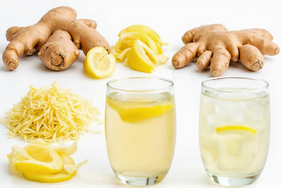 Various preparation methods for raw ginger including grated, sliced, and in a small glass of ginger-infused water
