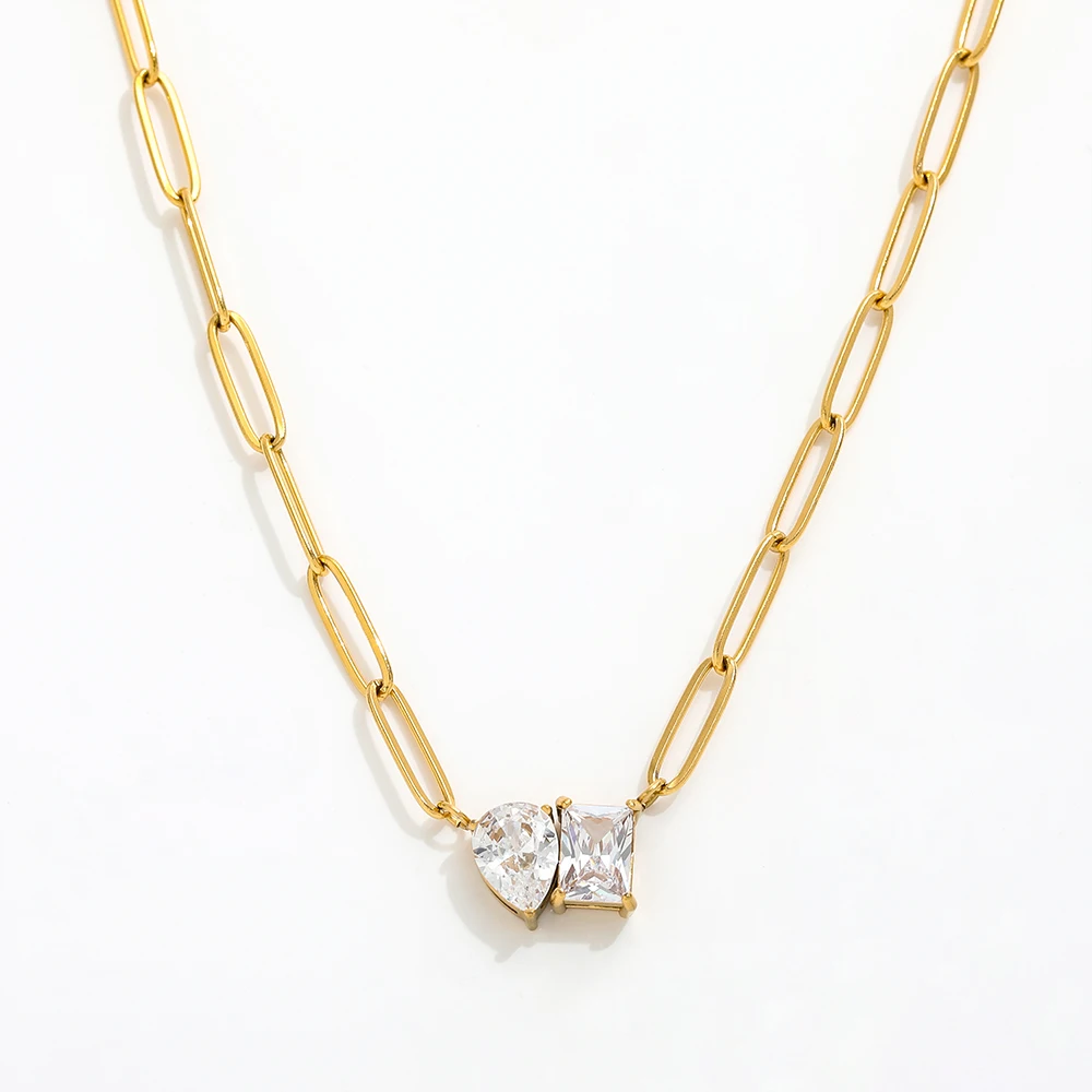 JOOLIM Ready to Ship High End Stainless Steel Paper Pin Triangle Rectangle Zirconia Pendant Necklace 18K Gold Plated Jewelry Who