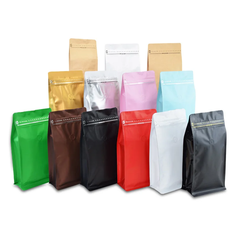 

Eight side seal plastic food tea whey protein snack drip valve zipper stand up zip lock mylar pouch beans coffee packaging bags