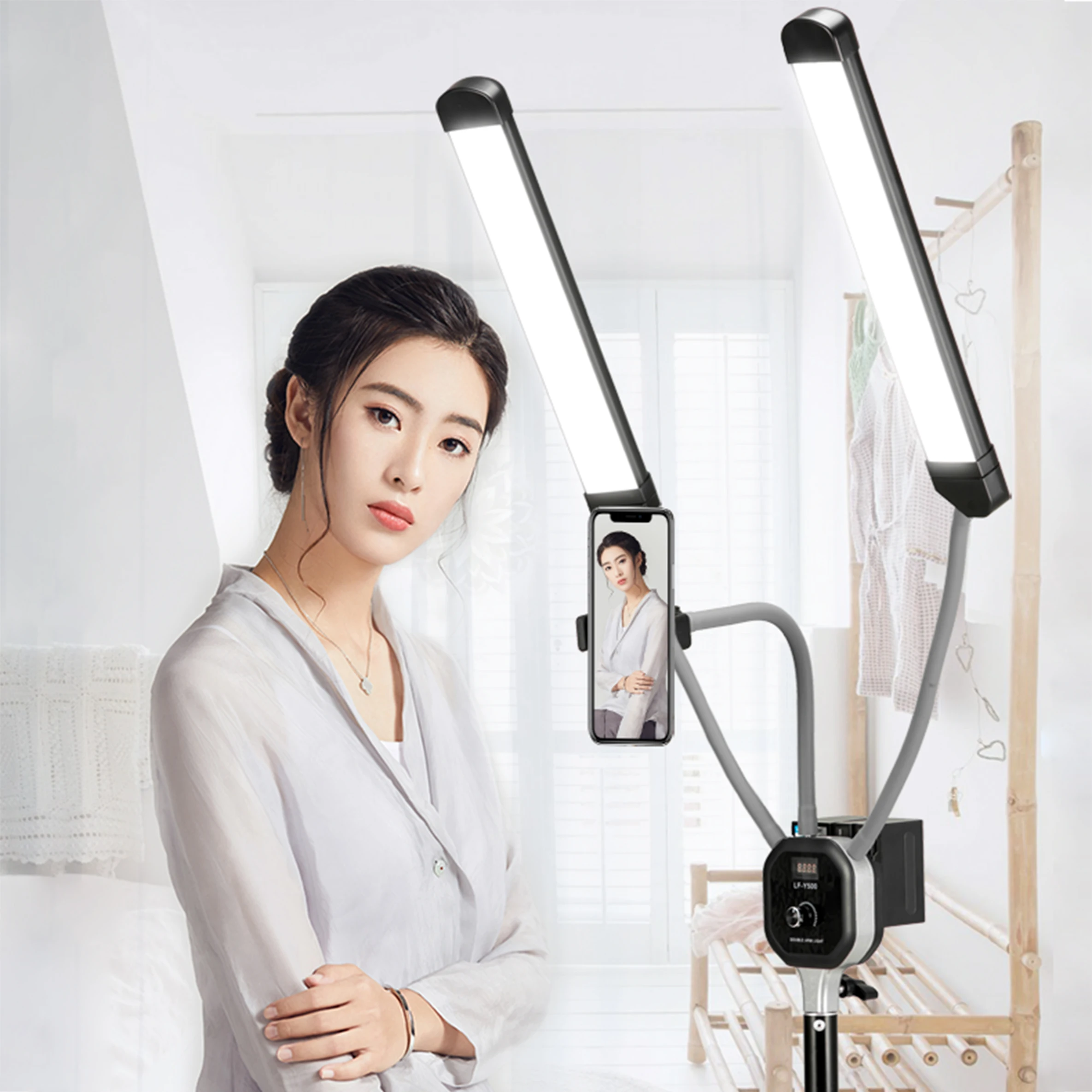 

Tattoo beauty white glamcor light Led photography double 2 arm light live streaming selfie dual head fill ring light, Black,grey