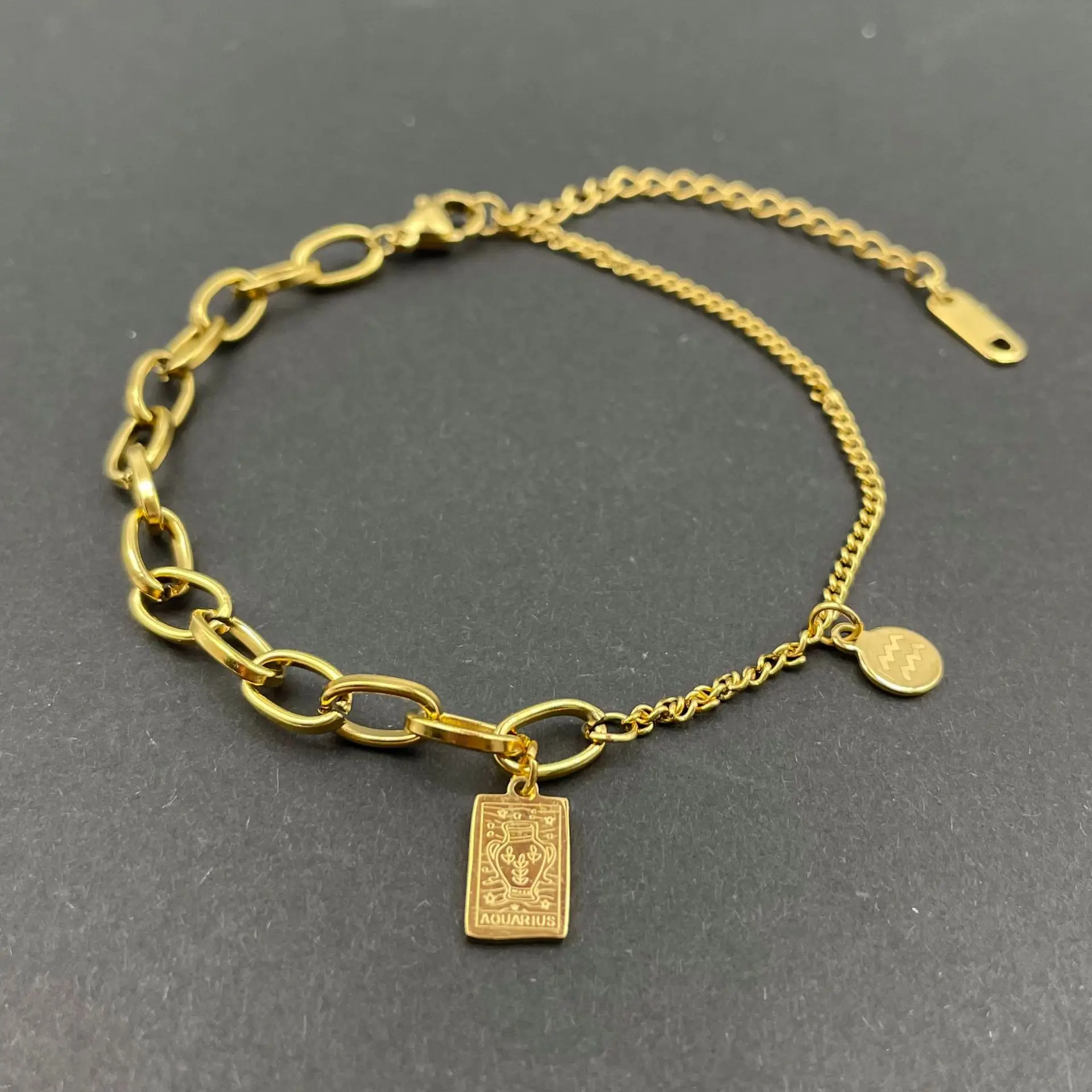 

New Trendy 18K Gold Plated 12 Constelations Astrology Bracelet Ethnic Stainless Steel Square 12 Zodiac Sign Anklet Bracelets, Picture shows