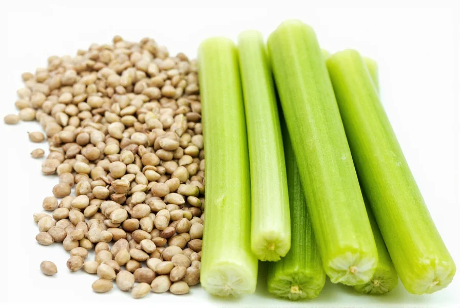 Close-up comparison of celery seeds next to fresh celery stalks showing size and color differences