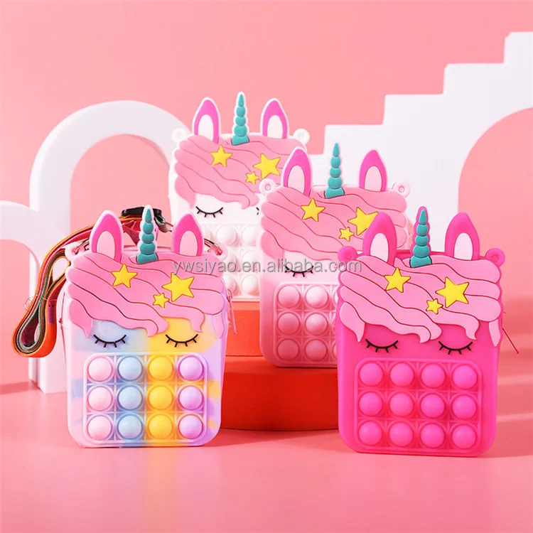 

Newest Design Kids Purse Silicone Pop It Cartoon Animals Jelly Chain Handbag Wholesale Little Girl Coin Wallet, Rainbow,rose red,pink,white