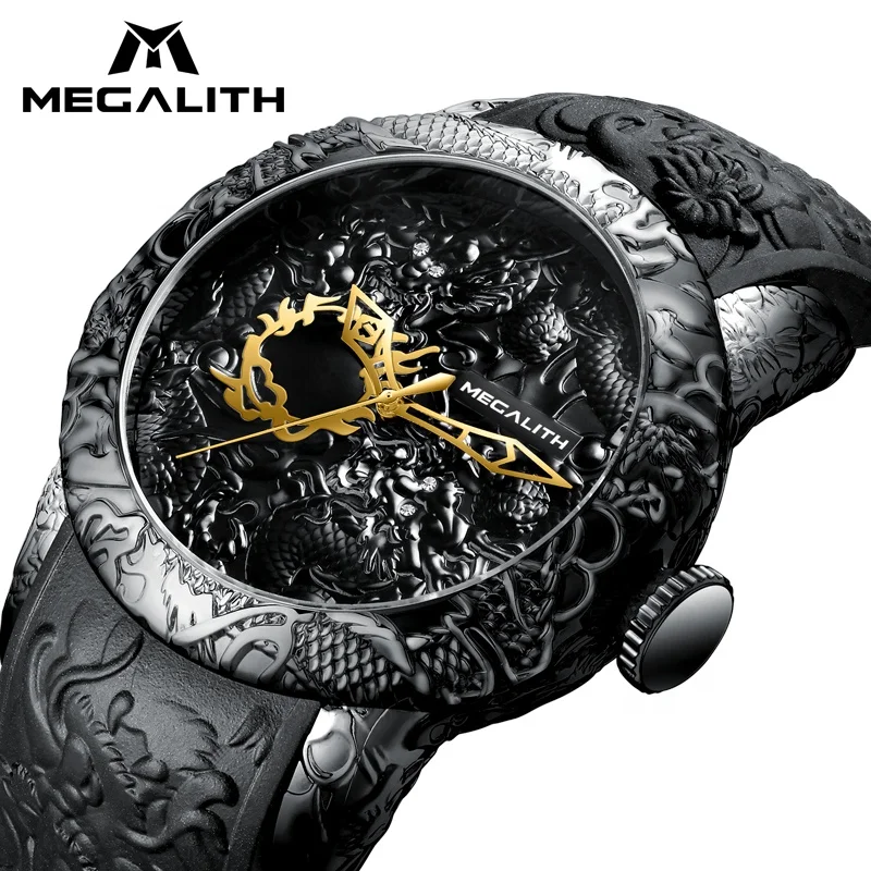 MEGALITH Chinese Dragon Men gold Watches Automatic Watches Waterproof Male Clock Menso Watches naga jam tangan pria Wristwatches