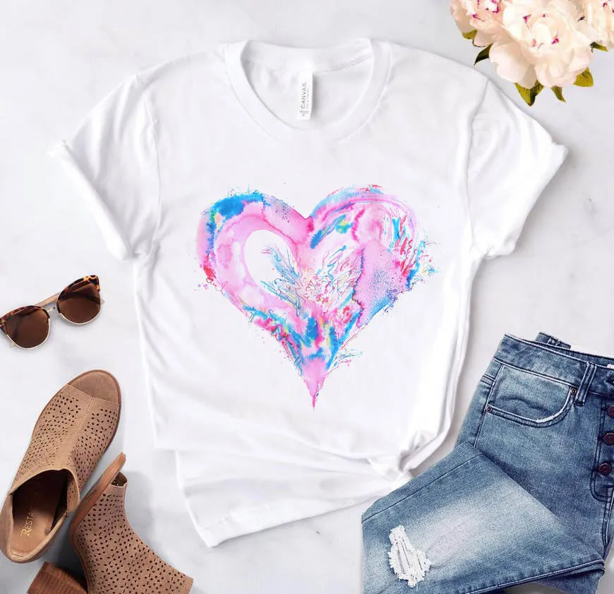 

O-collar white shirt short sleeve ladies T-shirt love graphic printing Heart flower print ladies T-shirt ladies casual basis