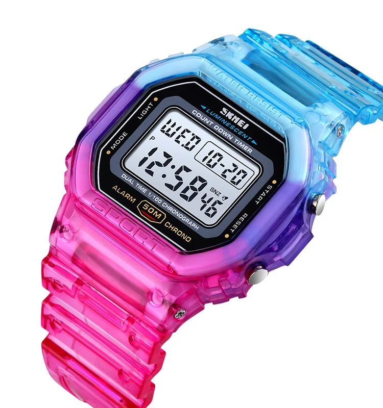 

skmei 1622 Female Fashion Waterproof Colorful Transparent Strap Electronic wristwatch Women Sports Digital Watch