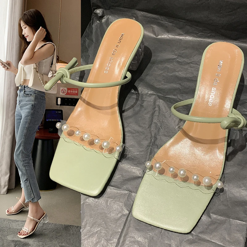 

New arrival 2021 fashion pearl pump for women and ladies elegant high heel sandals, Beige,green