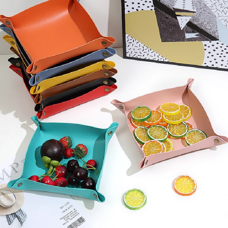 

Nordic style double storae box imitation leather folding household porch tiscellaneous cosmetics small tray, Blue grey yellow pink