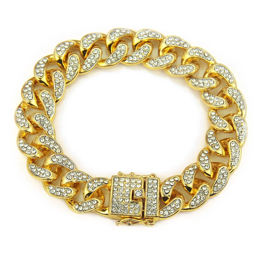 

Miami Cuban Link Gold Silver Color Rhinestones Male Wristband Street Square Button Jewelry Hip Hop Men's Bracelet, Silver /gold