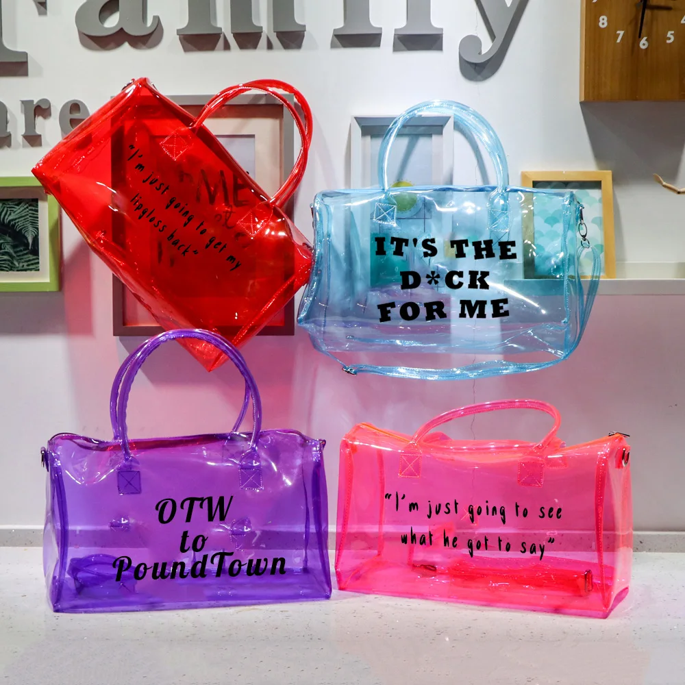 

clear overnight bag tote spend a night handbag print logo women PVC colorful silicone jelly make up beach transparent duffle bag, Ping/ purple/ light blue /red