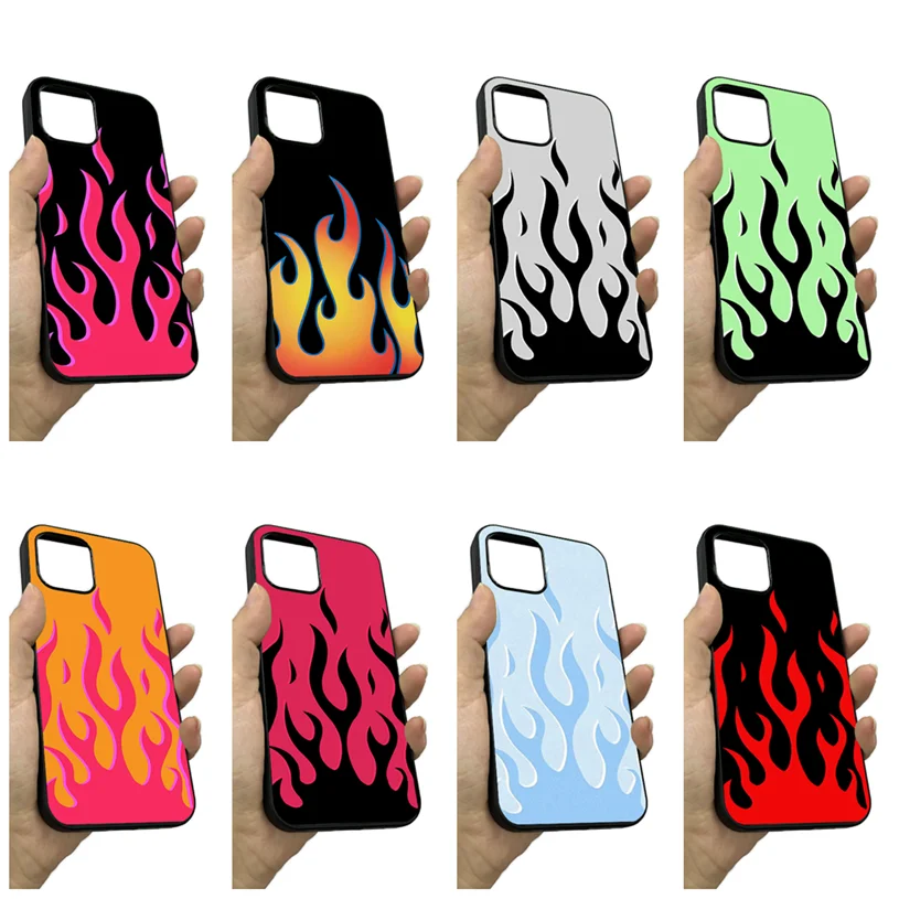 

Glass Back Case Green Red Flames Soft Side Edge Mobile Phone Cases For Iphone 5s se 6s 7 8 plus 11 12 mini pro max Cover