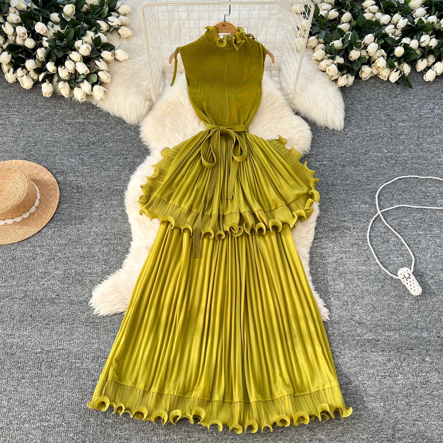 Light Luxury Sleeveless Summer Dress Flounce Hem