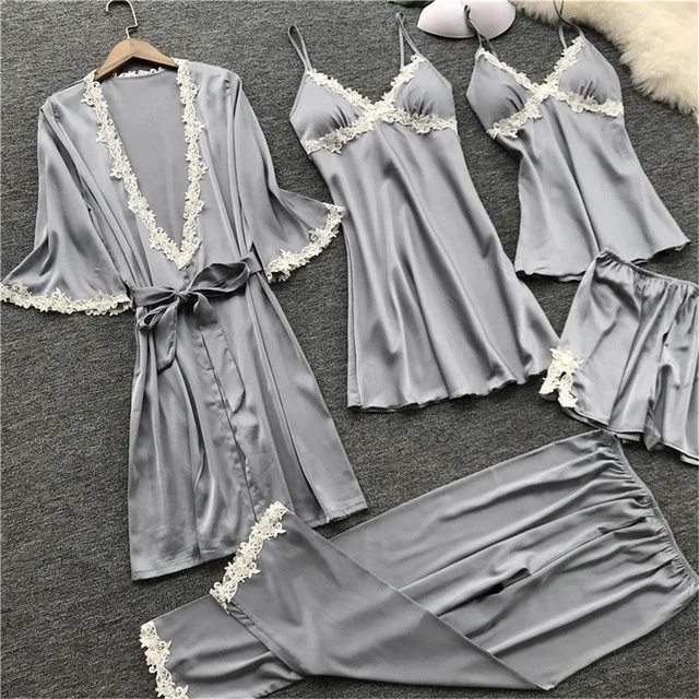 

MS Sexy Women Sets Lace Night Dress Five Pieces Sleepwear Womens Sleep long seleeve Set Faux Silk Robe Femme