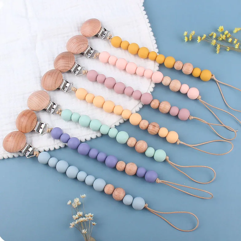 

Baby Items Safe Food Grade Silicone Infant Wooden Teething Chewable Toys Silicone Beads Baby Dummy Pacifier Clip Chain