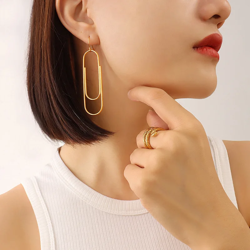 

2022 Exaggerated Jewelry 18K Real Gold Plating Geometric Dangle Earrings Stainless Steel Paperclip Pendant Vintage Earrings