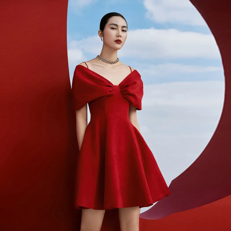 

A5022 In Stock Red Off Shoulder Bow Design Short Sleeve Birthday Dresses For Women