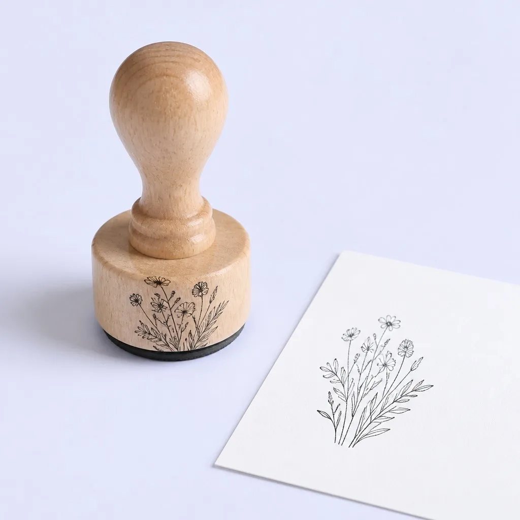 A stamp beside a postcard with a fresh floral impression