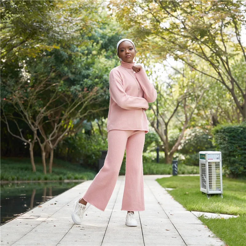 

2020 thick knit suit plus size loose sweater two-piece set ladies muslim set