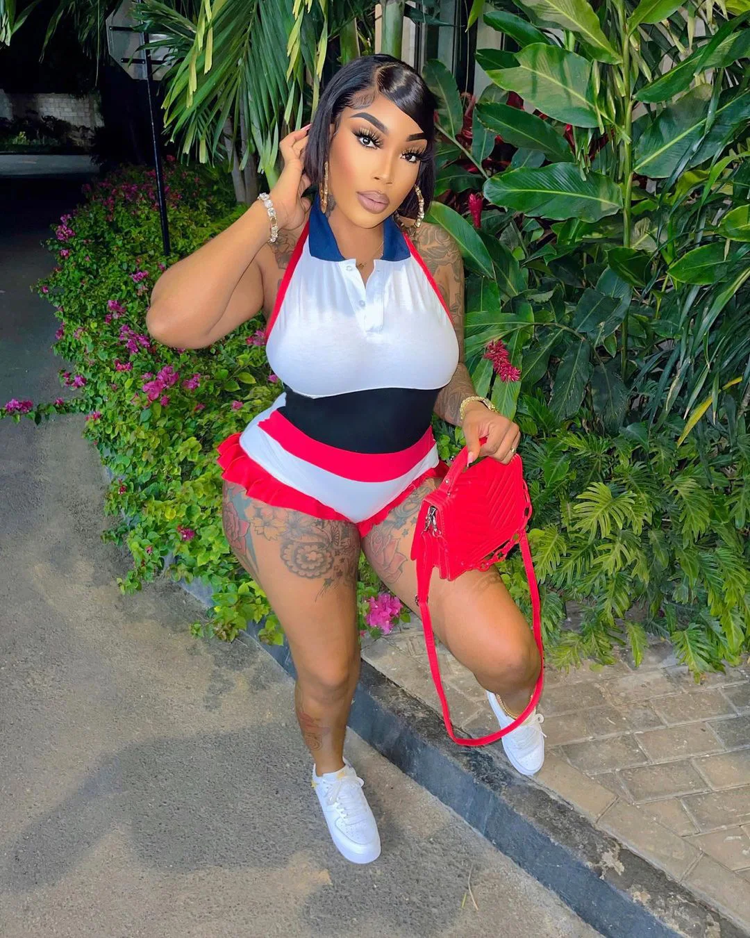 

Fashion 1 piece Romper Ruffles Skinny POLO sleeveless Backless Contrast Color Patchwork Casual bodycon sexy Playsuits for women