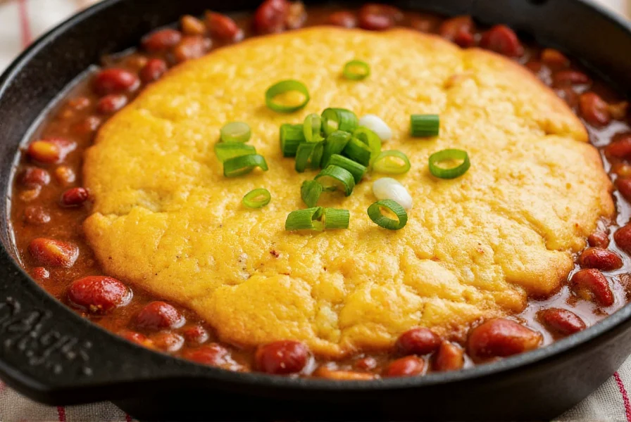 Cast iron skillet with bubbling chili topped with golden cornbread crust, fresh chopped green onions sprinkled on top