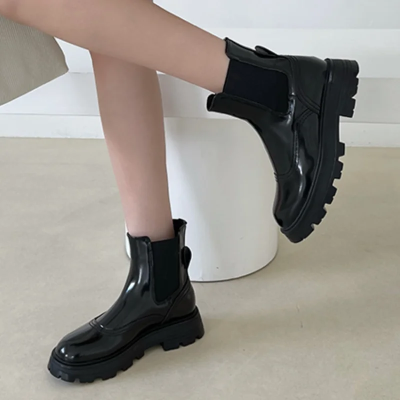 

Autumn British style round toe patent leather women penny shoes chunky soles elastic band detail lady short Martin boots