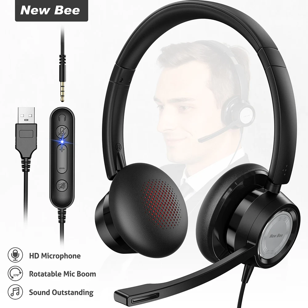 

New Bee H362 Noise Reduction Business Telephone Headsets Wired On Ear USB PC Computer Call Center Headphones with Mic
