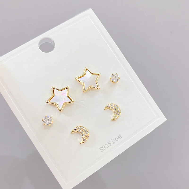 

Newest Arrival S925 3 Pairs Pin 18k Gold plated Star Stud Earrings Set CZ Moon Earrings