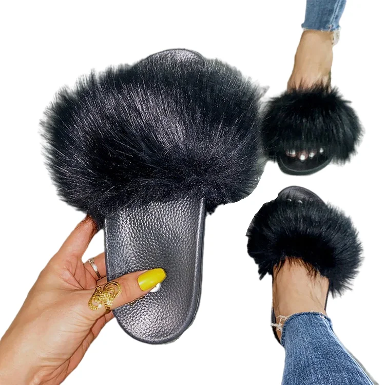 

Fur Women Slides Lovely Fluffy Raccoon Fur Sandals Fancy Slippers For Girls