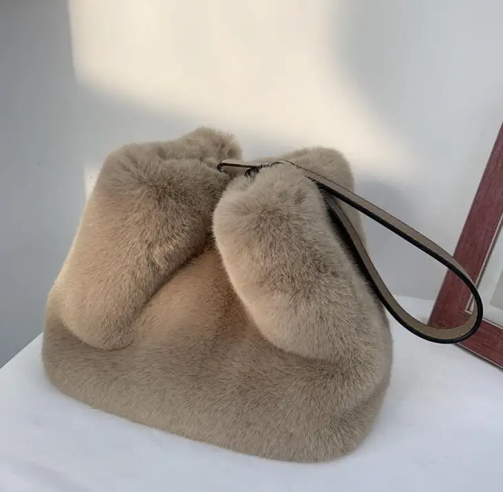 

faux mink fur shoulder bag barrel shaped pu leather strap plush fur waist bag