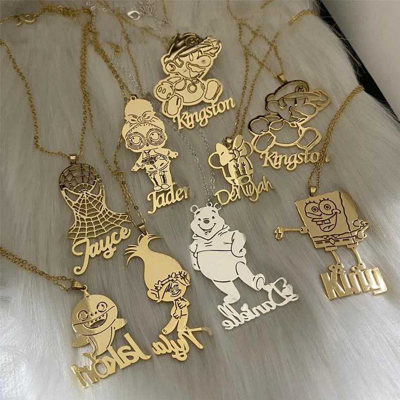 

Custom Cartoon Name Necklace 18k Gold plated Stainless Steel kids necklace Custom Children Necklace Personalized Christmas Gif, Silver