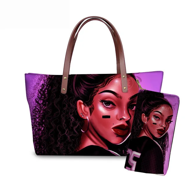 

Luxury Designer Custom Branded Black Art African Girl Printing Fashion Ladies Female Hand Bags Purses Handbags Sets For Women