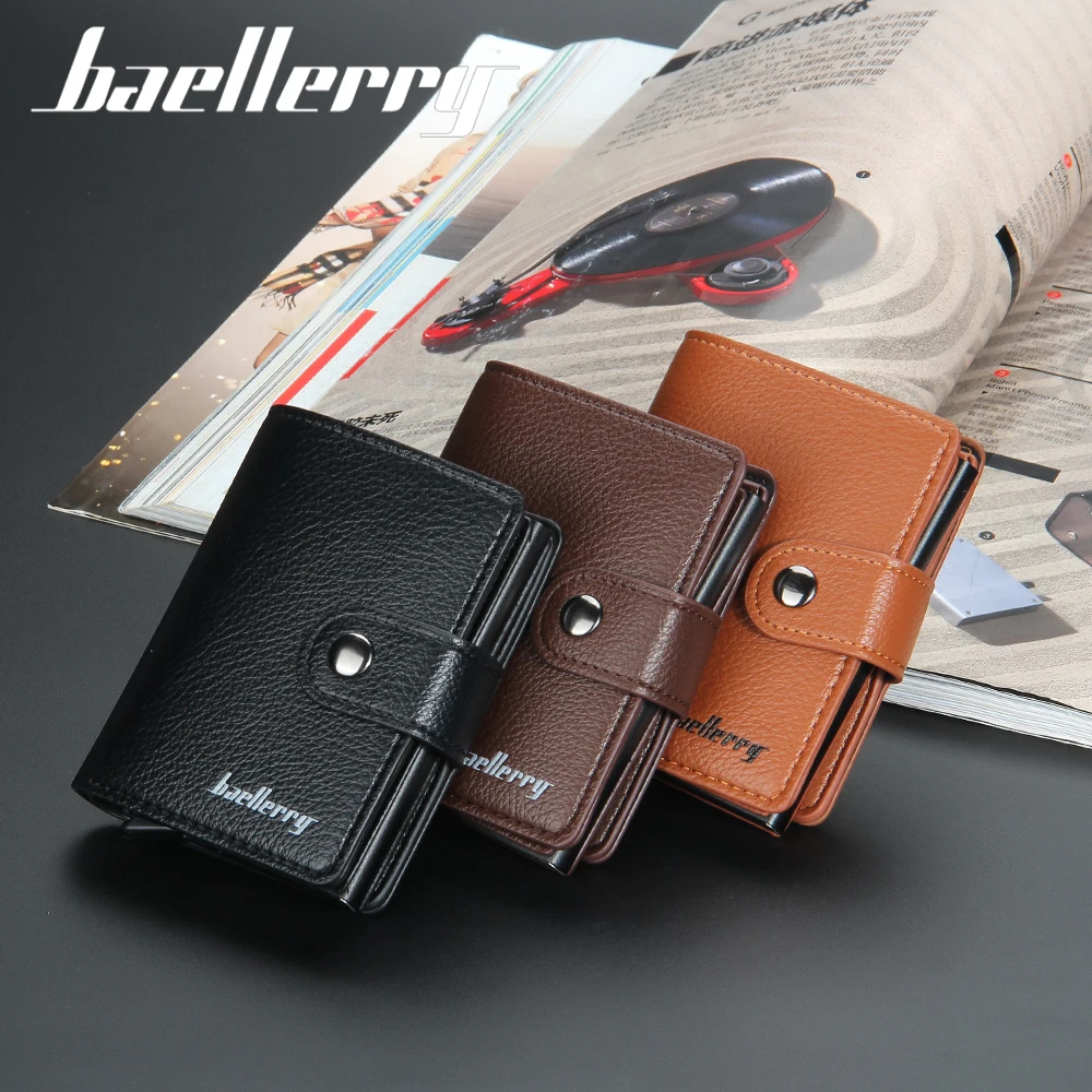 

baellerry Minimalist Credit Card Holders for Men rfid pu leather Aluminum Card Case Slim Money Clip Bifold pop up cards wallet