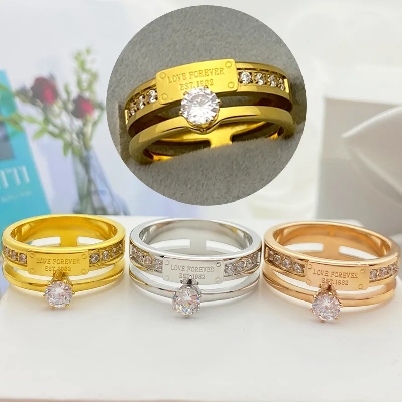 

2021 New Classic Titanium Steel Rose Gold Double Letter Rings For Woman Fashion Finger Jewelry Party Girl's Temperament Ring, Gold &silver