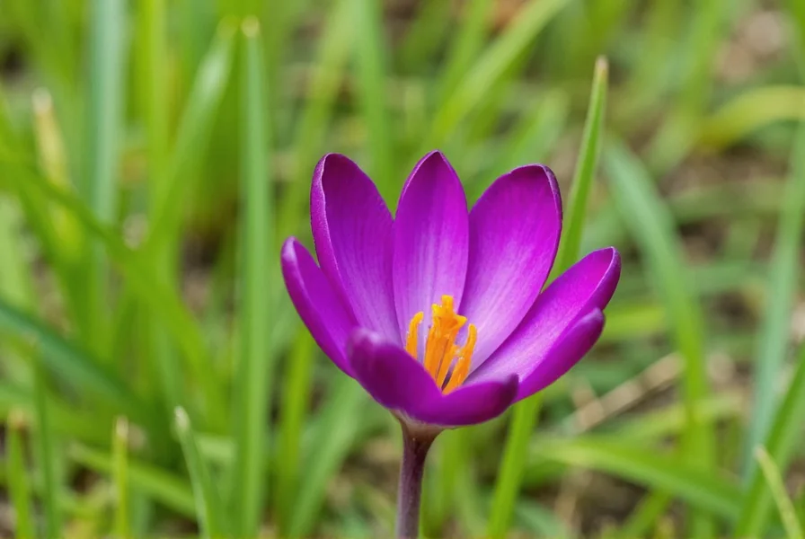 Close-up view of Crocus sativus flower showing purple petals and red stigmas emerging from center