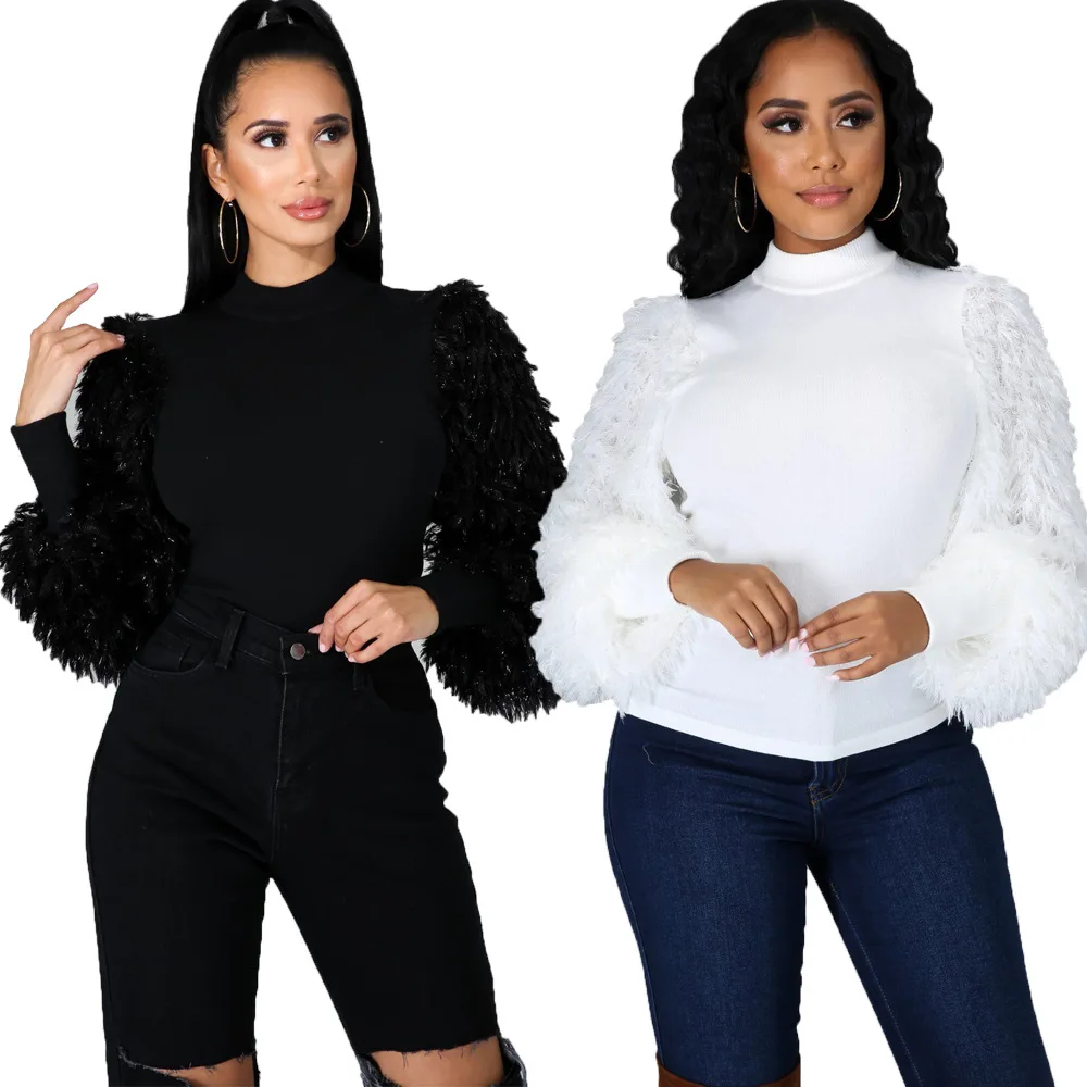 

ORYF8772 Winter blouses solid color mid collar puff long sleeve rib women blouse, White,black