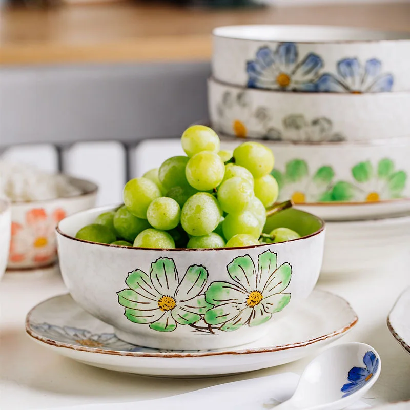 

Wholesale Custom Flower Pattern Decor Rice Noodle Bowl Fruit Salad Dessert Bowls Ceramic Cereal Bowls