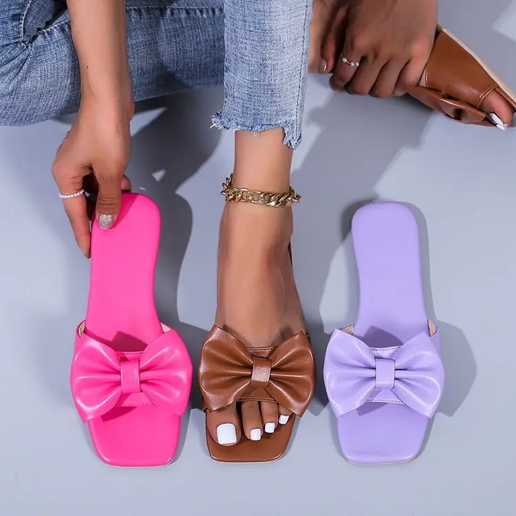 

Plus size 2021 summer new ladies flat bow women's casual PU slippers